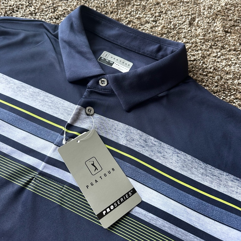 NWT* Mens XL Blue Striped PGA Branded Golf Polo